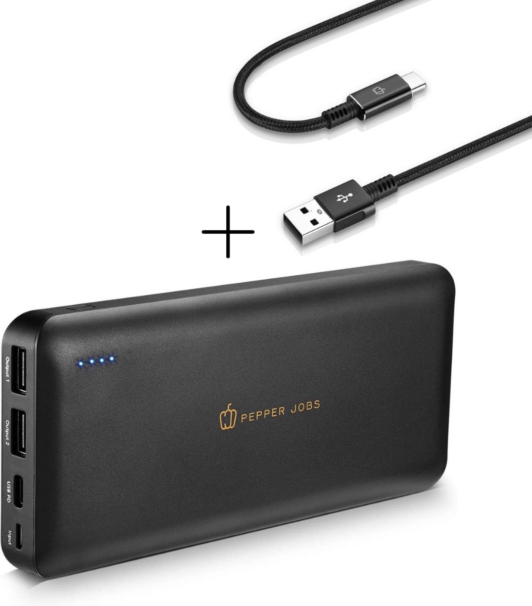 PEPPER JOBS Powerbank 45W met USB-A naar USB-C Kabel | Powerbank iphone | 20000 mah | Quick charge | Universeel