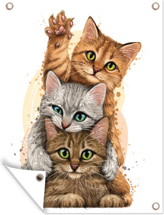 Tuinschilderij Katten - Illustratie - Huisdieren - Poes - 60x80 cm - Tuinposter - Tuindoek - Buitenposter