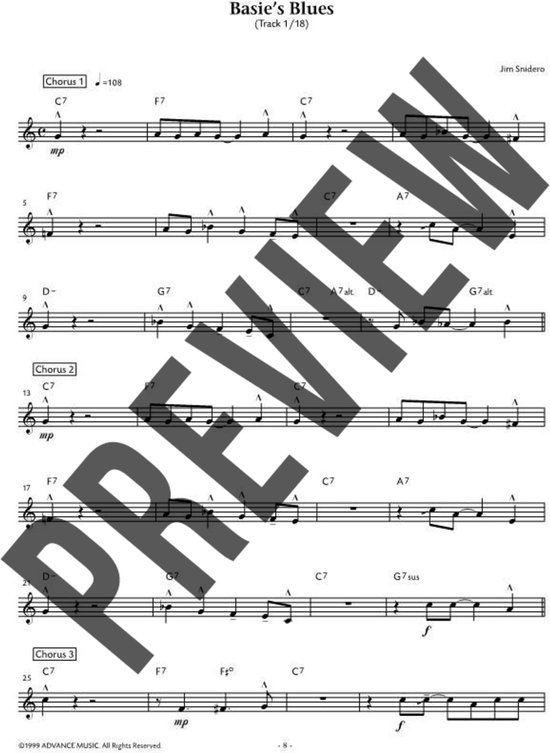 Muziekblad met akkoorden en noten voor 'Basie's Blues'.
