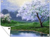 Tuinschilderij Schilderij - Boom - Bloesem - Natuur - Water - 80x60 cm - Tuinposter - Tuindoek - Buitenposter