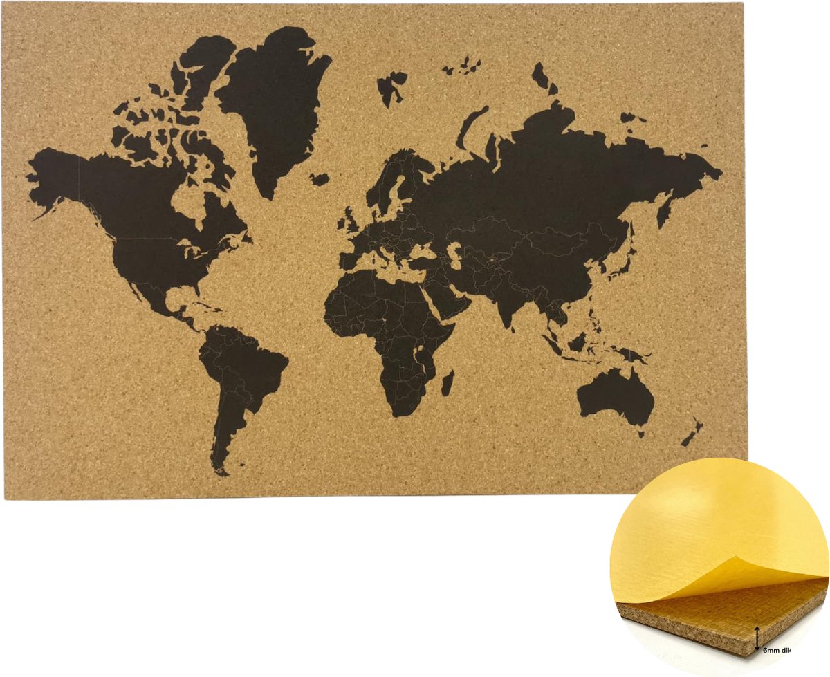 Prikbord Wereldkaart – Fotofabriek Prikbord kurk –Wereldkaart kurk - Kurkplaat – Wereld – Prikbord 60x40 cm - Merkloos