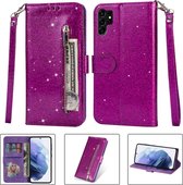 Glitter Bookcase voor Samsung Galaxy S23 Ultra | Hoogwaardig PU Leren Hoesje | Lederen Wallet Case | Telefoonhoesje | Pasjeshouder | Portemonnee | Paars