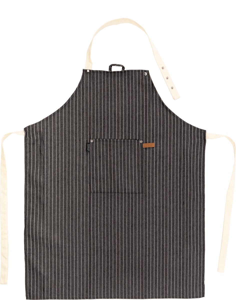 Tiseco Home Studio - Keukenschort SHERLOCK STRIPE - 80 % polyester-20% katoen - Verstelbaar aan de nek, ruime voorzak, ophanglus - 68x85 cm - zwart/wit