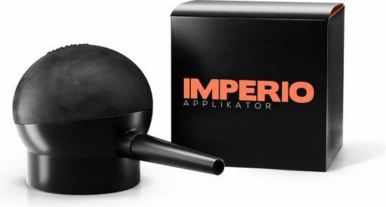 Zwarte IMPERIO verstuiver/applicator met oranje logo en een zwart doosje, op een witte achtergrond.