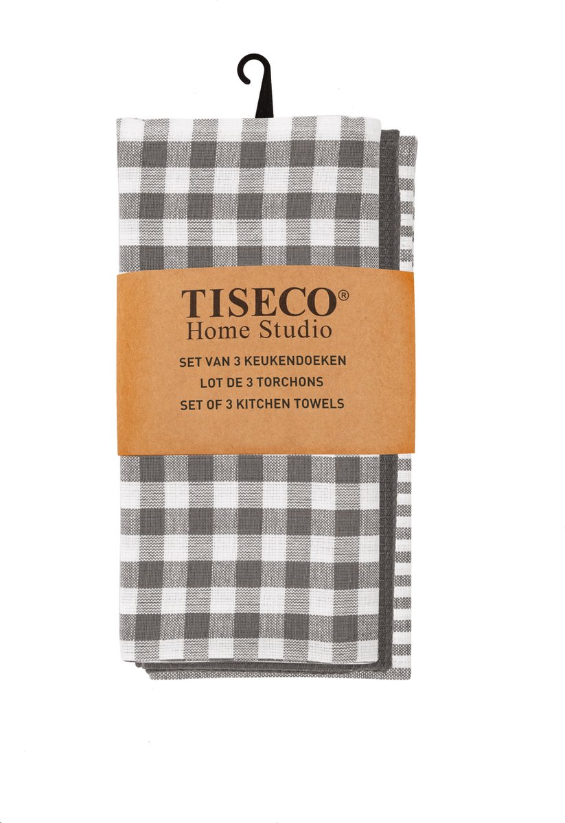 Tiseco Theedoeken - Katoen - Set 3 stuks - Verschillende Patronen - Grijs