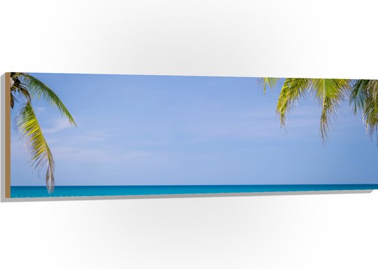 Hout - Palmbladeren op Tropisch Strand - 150x50 cm - 9 mm dik - Foto op Hout (Met Ophangsysteem)