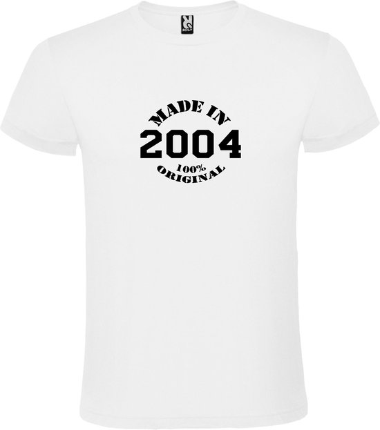 Wit T-Shirt met “Made in 2004 / 100% Original “ Afbeelding Zwart Size M