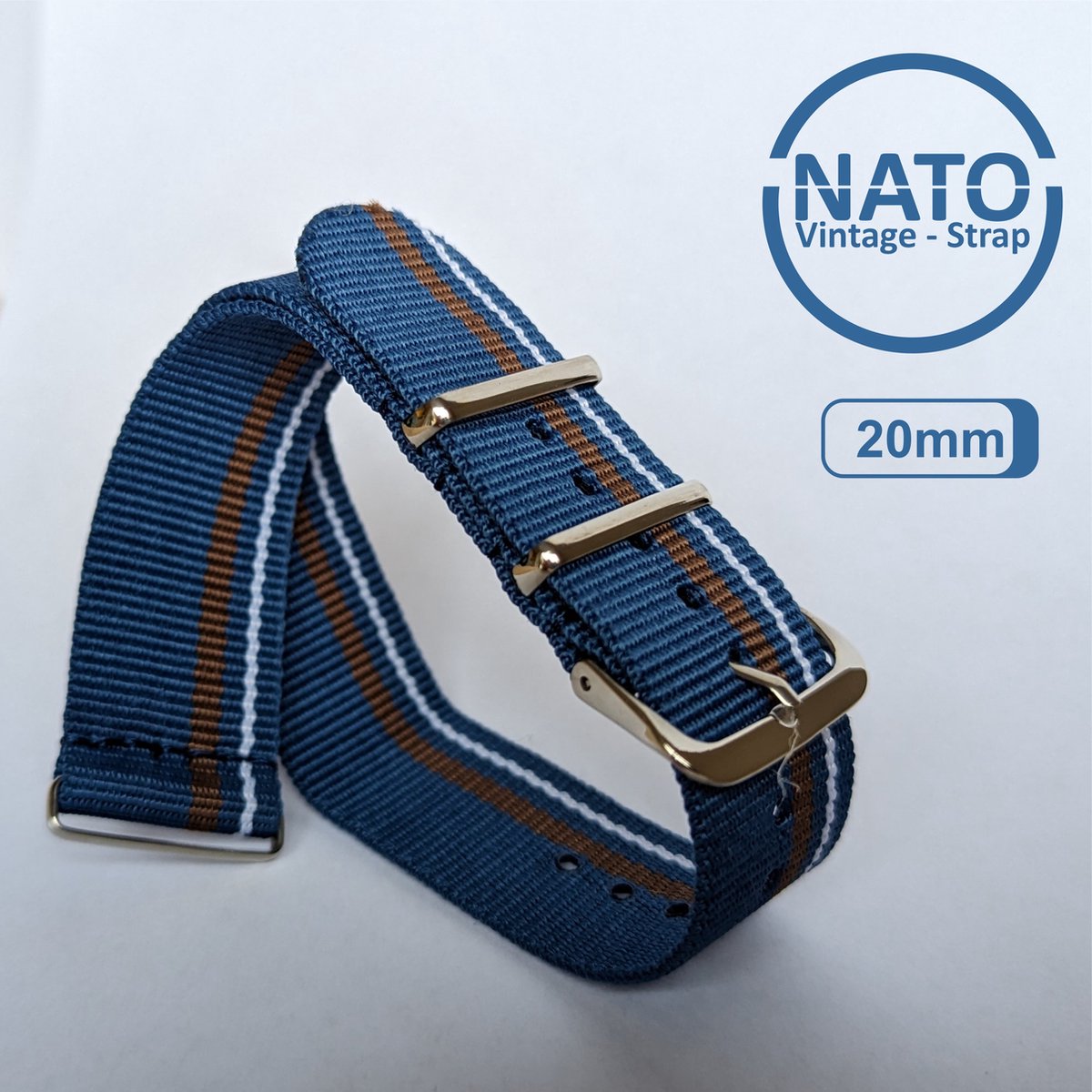 20mm Premium Nato Strap Blauw Bruin Wit - Vintage James Bond - Nato Strap collectie - Mannen - Vrouwen - Horlogeband - 20 mm bandbreedte voor oa. Seiko Rolex Omega Casio en Citizen