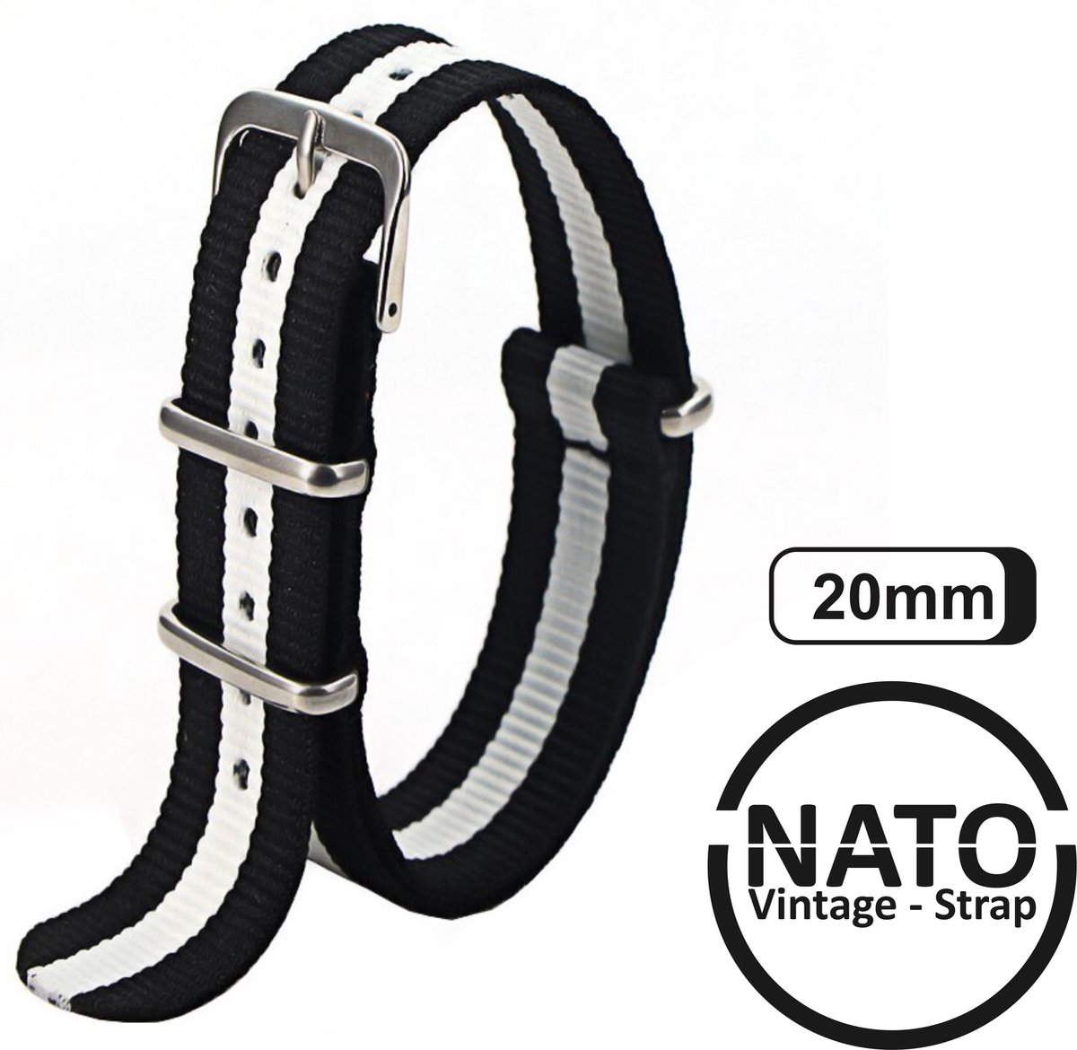 20mm Premium Nato Strap Zwart Wit - Vintage James Bond - Nato Strap collectie - Mannen - Vrouwen - Horlogeband - 20 mm bandbreedte voor oa. Seiko Rolex Omega Casio en Citizen