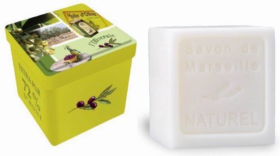 Metalen zeepblik vierkant met opdruk l'Oliveraie met zeepblok Naturel – Vintage voorraadblik – Franse handzeep – Marseille zeep Marseillezeep