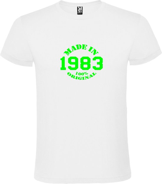 Wit T-Shirt met “Made in 1983 / 100% Original “ Afbeelding Neon Groen Size XS