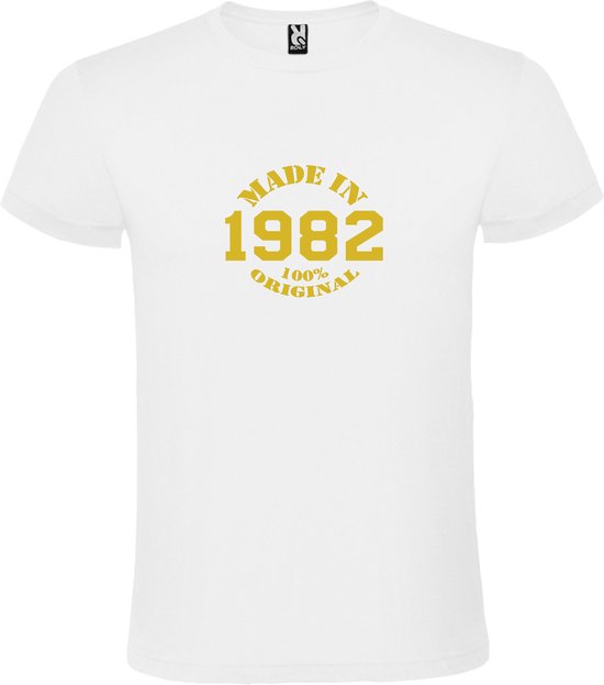 Wit T-Shirt met “Made in 1982 / 100% Original “ Afbeelding Goud Size S