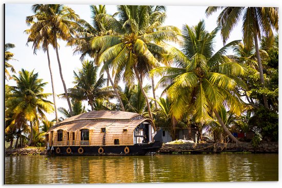 Dibond - Vakantieplek onder Palmbomen aan het Water - 60x40 cm Foto op Aluminium (Met Ophangsysteem)
