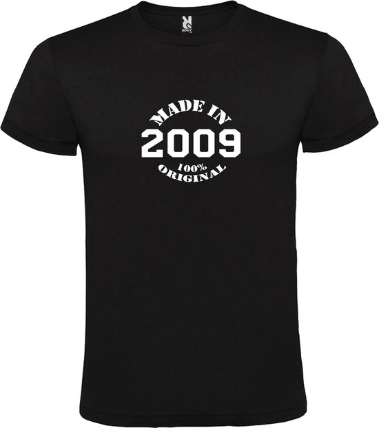 Zwart T-Shirt met “Made in 2009 / 100% Original “ Afbeelding Wit Size S