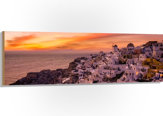 Hout - Uitzicht over Klassieke Griekse Stad tijdens de Zonsondergang - 150x50 cm - 9 mm dik - Foto op Hout (Met Ophangsysteem)