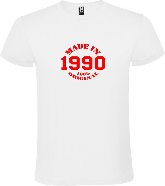 Wit T-Shirt met “Made in 1990 / 100% Original “ Afbeelding Rood Size XXXXL