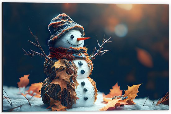 Dibond - Sneeuwpop met Takken Armen tussen de Herfstbladeren - 60x40 cm Foto op Aluminium (Met Ophangsysteem)