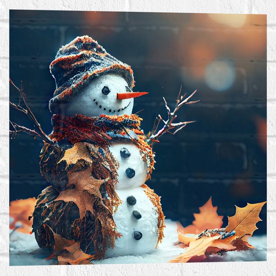Muursticker - Sneeuwpop met Takken Armen tussen de Herfstbladeren - 50x50 cm Foto op Muursticker