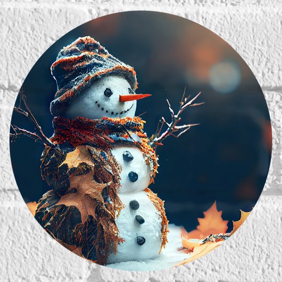 Muursticker Cirkel - Sneeuwpop met Takken Armen tussen de Herfstbladeren - 20x20 cm Foto op Muursticker