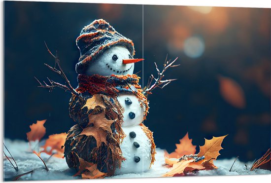 Acrylglas - Sneeuwpop met Takken Armen tussen de Herfstbladeren - 120x80 cm Foto op Acrylglas (Wanddecoratie op Acrylaat)