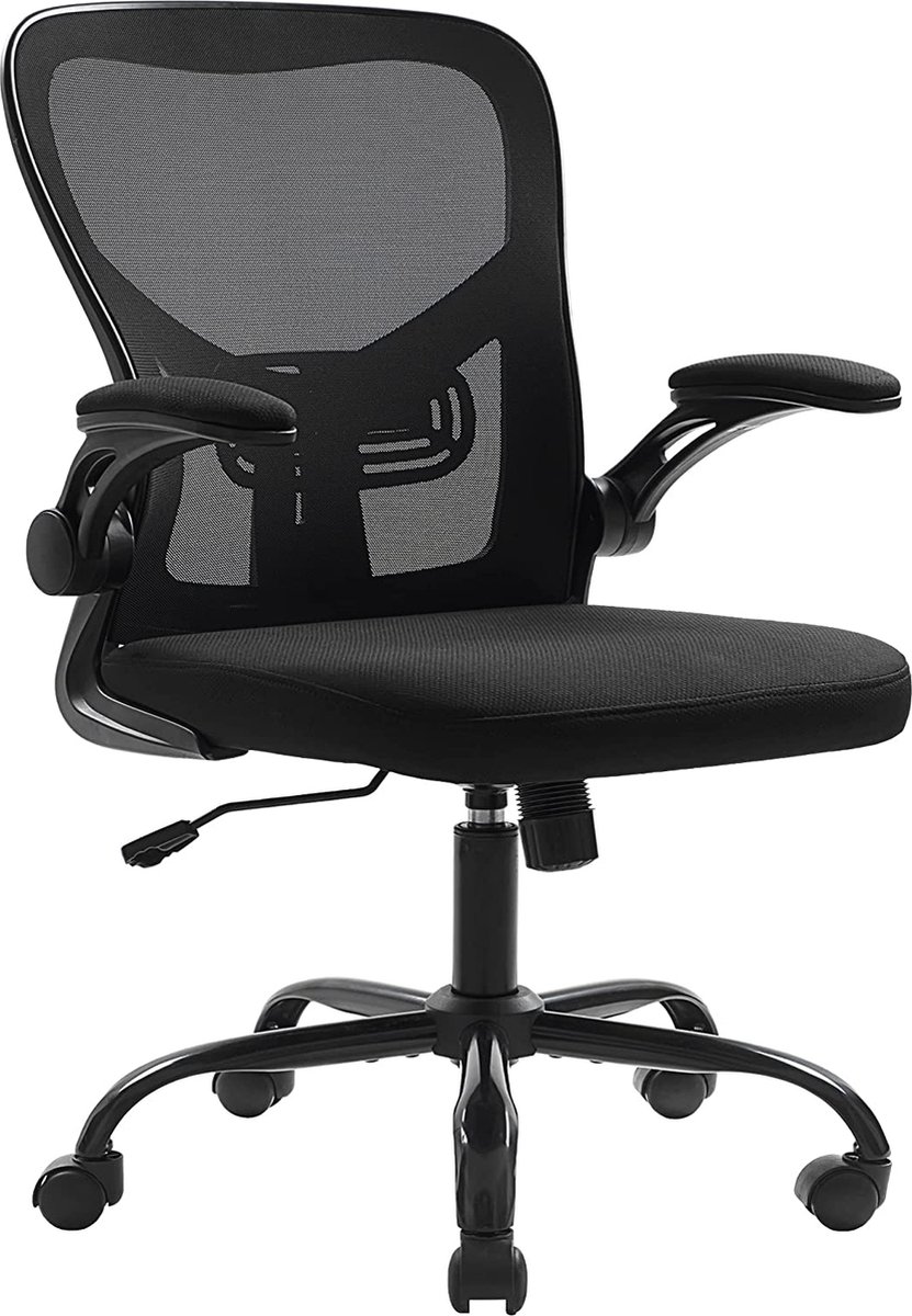 RESKO - Bureaustoel - Ergonomische draaistoel - Zwart - Bureaustoel met verstelbare lendensteun - Opklapbare armleuningen en draaibare zwenkwielen - Computerstoel van ademende netstof