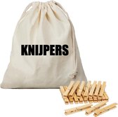 Canvas knijperzak/ opbergzakje knijpers wit/ offwhite met koord 25 x 30 cm en 120 houten wasknijpers - Knijperzak met knijpers