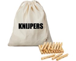 Canvas knijperzak/ opbergzakje knijpers wit/ offwhite met koord 25 x 30 cm en 120 houten wasknijpers - Knijperzak met knijpers