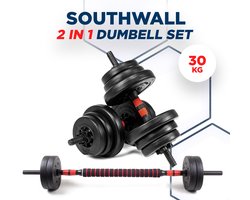 SOUTHWALL Dumbbells set Verstelbaar met halterstang tot 30kg – Halterset – Verstelbare Halterset – Fitness Stang – Fitness Gewichten Set – Professionele 2-in-1 Dumbbellset – Gebruiksvriendelijk – Multifunctioneel – Dumbell set 30 kg – Rood/Zwart