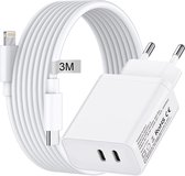 Dual USB C Charger + USB C naar 8-PIN Kabel 3 Meter - GaN Technologie - Versterkte Oplaadkabel - 20W, 25W, 27W, 30W, 35W - Geschikt voor iPhone, iPad met Lightning