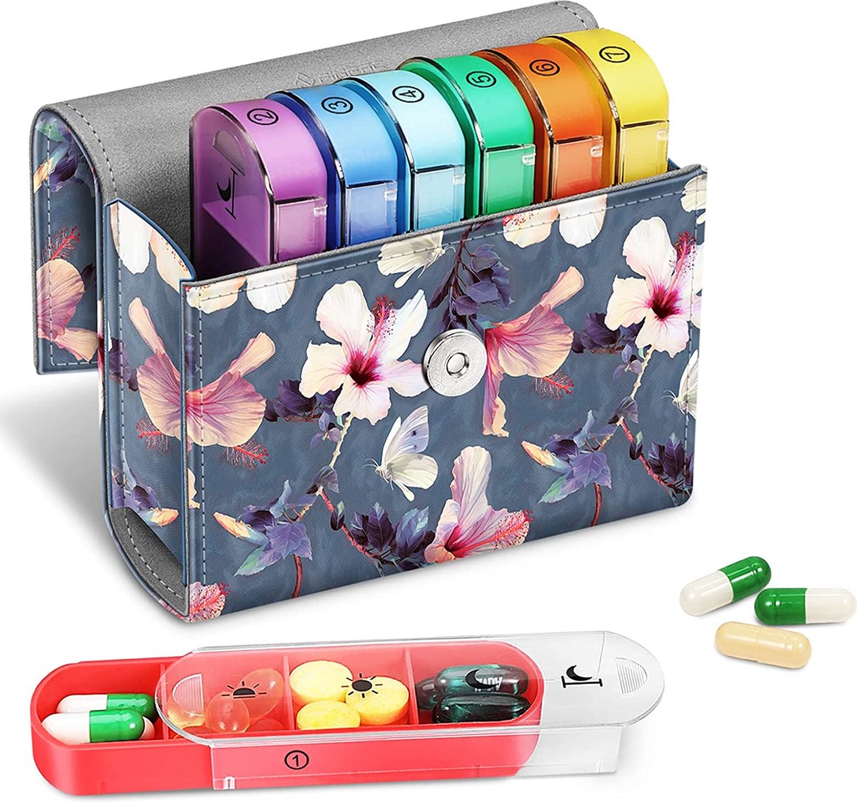 Tablettenbox 7 dagen 4 vakken - pillendoos 4 keer per dag met kunstleren tas en naamkaart medicijnbox voor pillen, vitamine visolie voor 's ochtends 's middags, 's avonds, bloeiende hibiscus