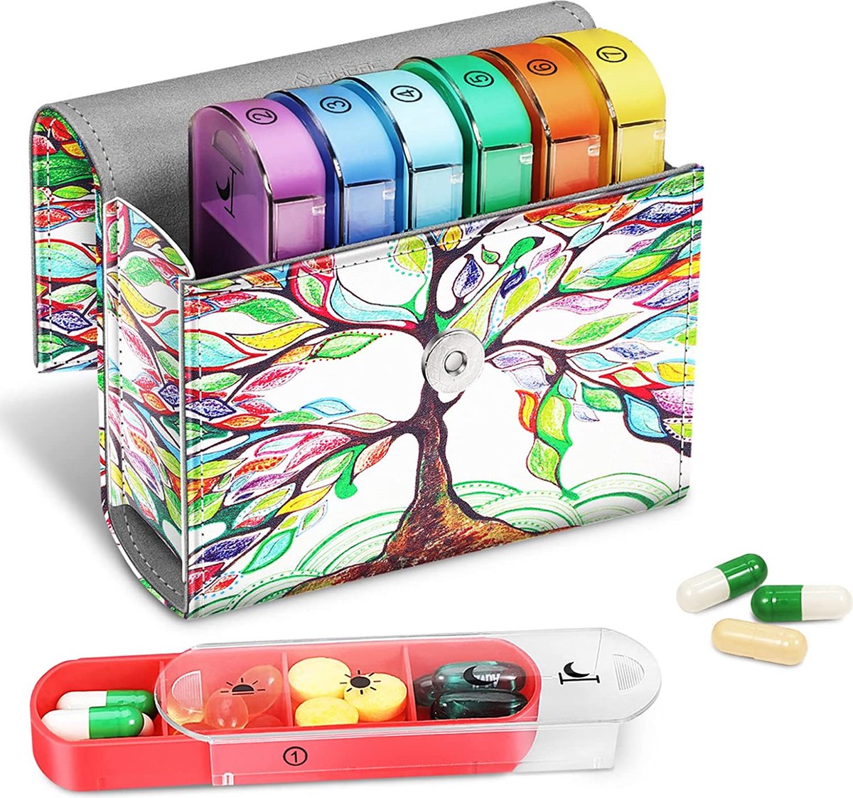 Tablettenbox 7 dagen 4 vakken - pillendoos 4 keer per dag met kunstleren tas en naamkaart medicijnbox voor pillen, vitamine visolie voor 's ochtends 's middags, 's avonds, liefdesboom