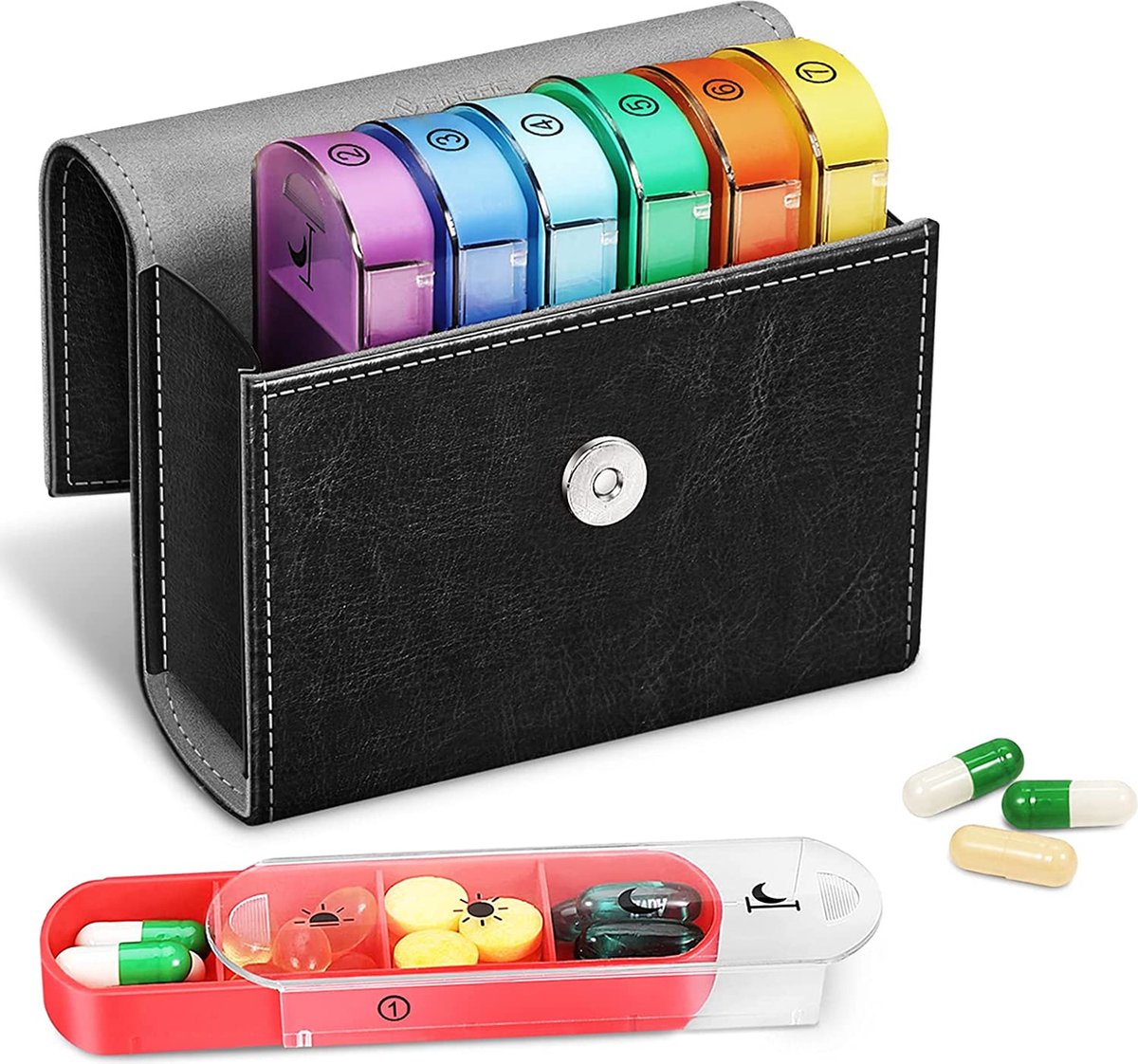 Tablettenbox 7 dagen 4 vakken - pillendoos 4 keer per dag met kunstleren tas en naamkaart medicijnbox voor pillen, vitamine visolie voor 's ochtends 's middags, 's avonds, zwart