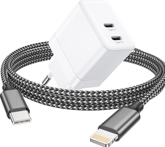 GaN Snellader met dubbele USB C Poort + Stevige 8-Pin Kabel 3 Meter ...