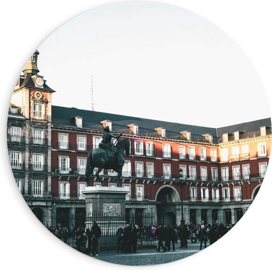 WallClassics - PVC Schuimplaat Muurcirkel - Plein in Madrid - Plaza Mayor - 90x90 cm Foto op Muurcirkel (met ophangsysteem)