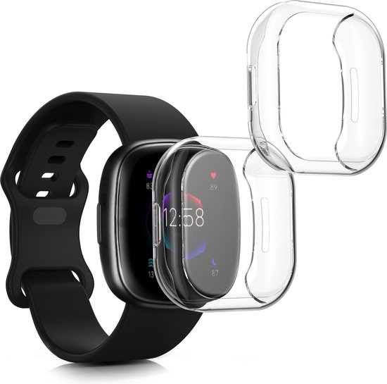 Zwarte smartwatch band met transparante beschermhoes. Andere transparante hoes zweeft ernaast.