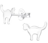 Joy|S - Zilveren kat poes oorbellen - 9 x 7 mm - egaal zilver - kinderoorbellen