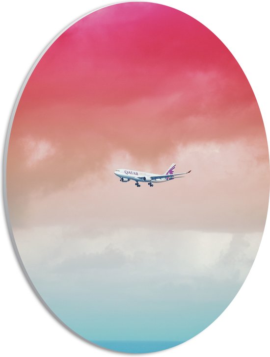 WallClassics - PVC Schuimplaat Ovaal - Vliegtuig in Felgekleurde Lucht - 30x40 cm Foto op Ovaal (Met Ophangsysteem)