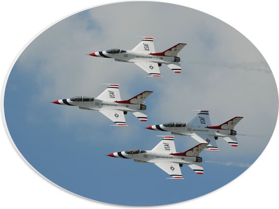 WallClassics - PVC Schuimplaat Ovaal - Vier Vliegende Vliegtuigen uit Amerika - 40x30 cm Foto op Ovaal (Met Ophangsysteem)