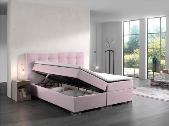 Lit Boxspring Malaga velours rose complet - avec espace de rangement - 120x200 cm - lit complet - sommier complet avec fenêtre de rangement - lit princesse - seatandbeds.be