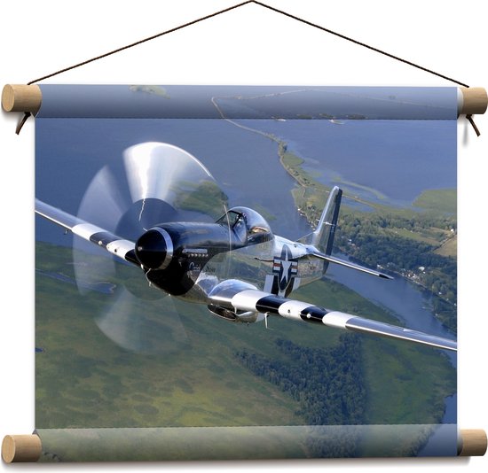 WallClassics - Textielposter - Vliegende grijze Vliegtuig boven Land - 40x30 cm Foto op Textiel