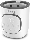 Witte Lionelo flesverwarmer met grijs accent en digitaal display met instellingen.