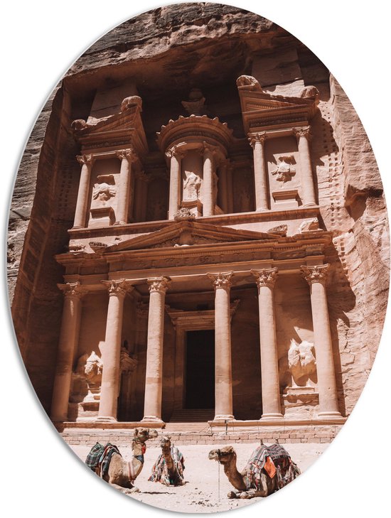 WallClassics - PVC Schuimplaat Ovaal - Monument Al Khazneh - Jordanië - 72x96 cm Foto op Ovaal (Met Ophangsysteem)