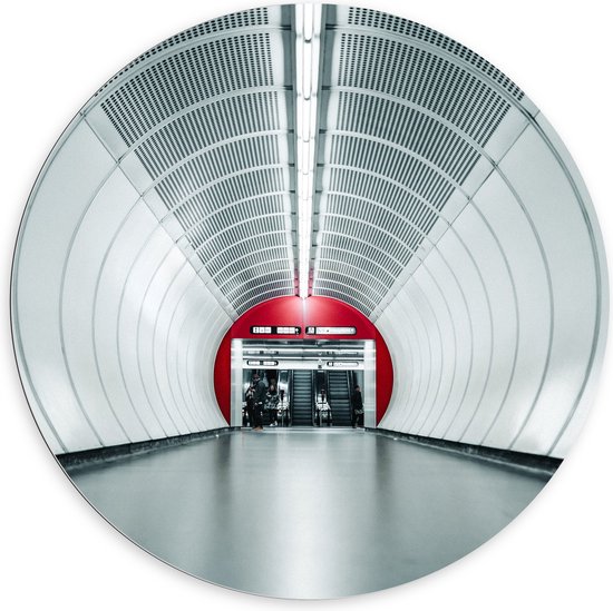 WallClassics - Dibond Muurcirkel - Ondergrondse roltrappen - Wenen - 100x100 cm Foto op Aluminium Muurcirkel (met ophangsysteem)