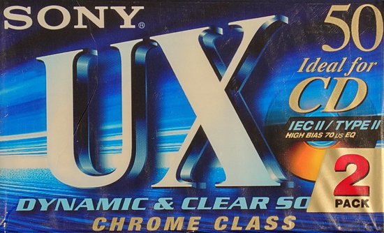 Sony UX C-50UXD cassettebandjes, 2-pack. Blauwe verpakking met UX logo. Ideaal voor CD.