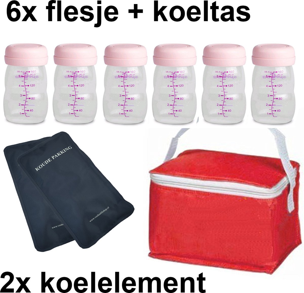 Moedermelk flesjes - 6 x 160ml - met rood koeltasje en koelelementen - borstvoeding flesjes - BPA vrij