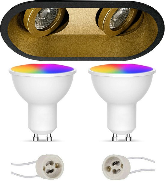 LED Spot Set GU10 - Oficto - Smart LED - Wifi LED - Slimme LED - 5W - RGB+CCT - Aanpasbare Kleur - Dimbaar - Afstandsbediening - Proma Zano Pro - Inbouw Ovaal Dubbel - Mat Zwart/Goud - Kantelbaar - 185x93mm
