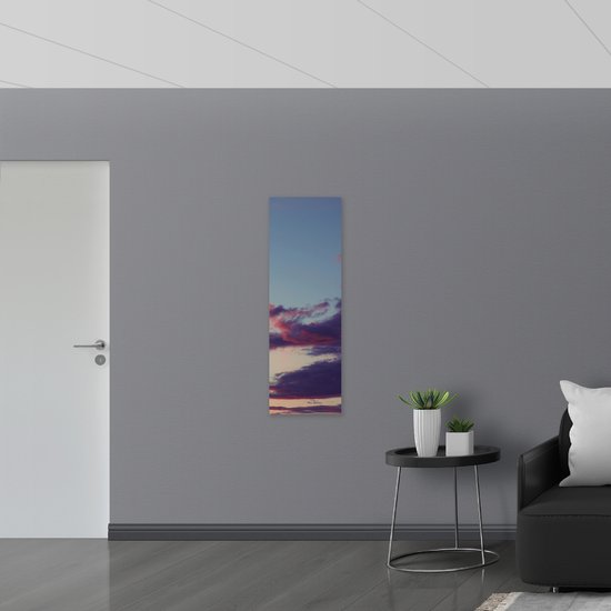 WallClassics - Hout - Wolken met Paars en Roze - 40x120 cm - 9 mm dik - Foto op Hout (Met Ophangsysteem)