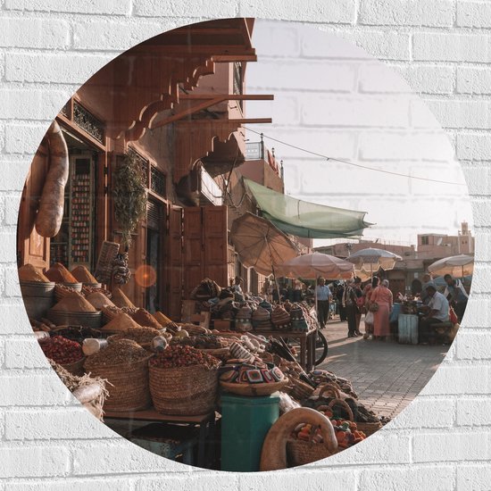 WallClassics - Muursticker Cirkel - Markt in Marrakesh - Marokko - 100x100 cm Foto op Muursticker