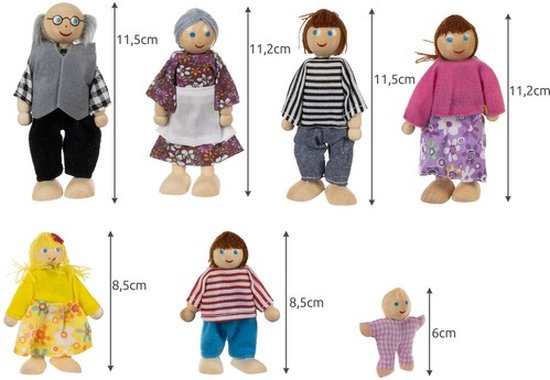 Set van 7 houten poppen van verschillende leeftijden en geslachten, met afmetingen aangegeven.