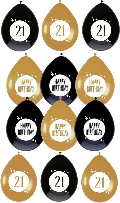Haza - Feestartikelen verjaardag 21 jaar 36x mix ballonnen zwart/goud